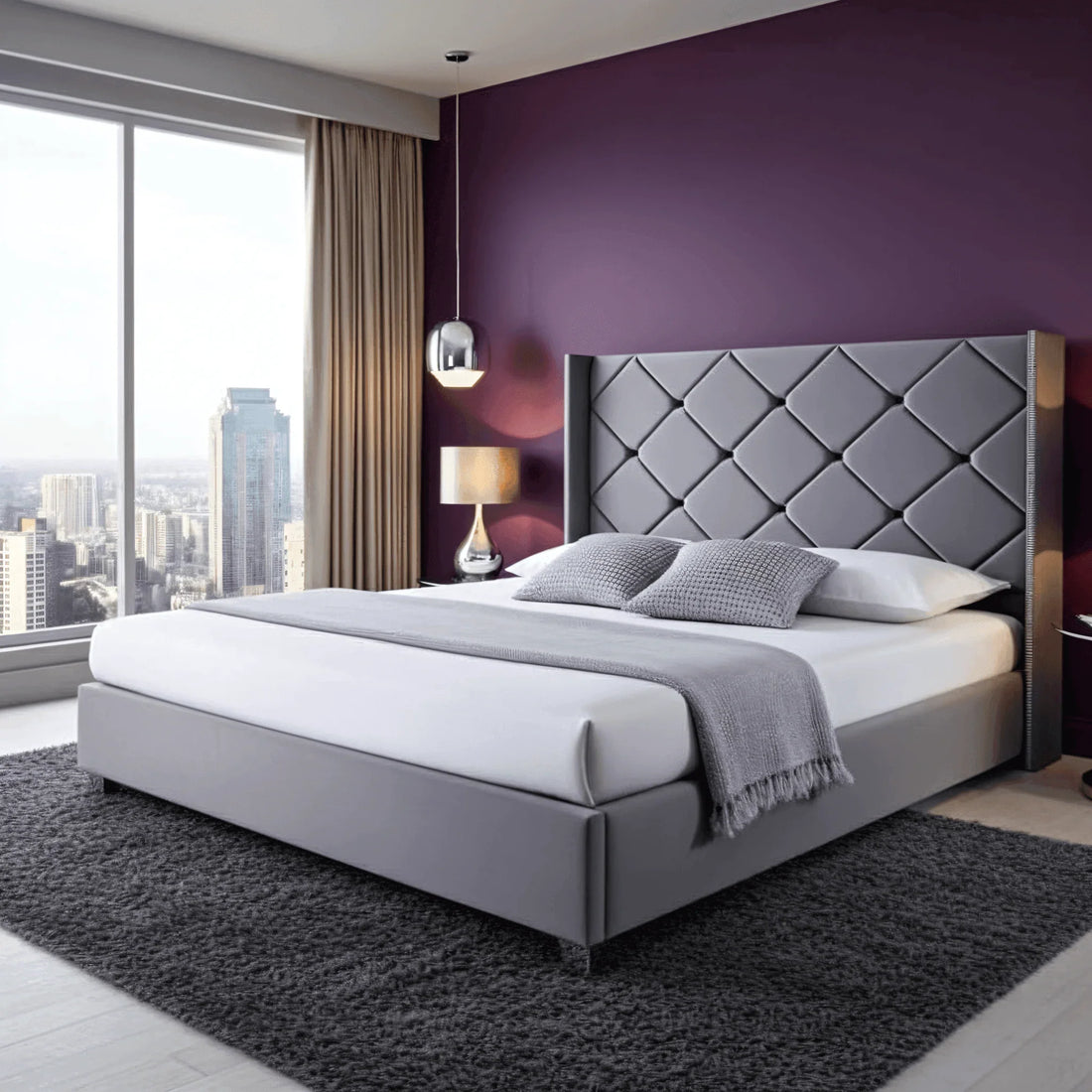 Bespoke Wall Panel Bed Frame with Luxurious Floor-to-Ceiling Headboard – Upholstered Elegance~ UkBedsDirect