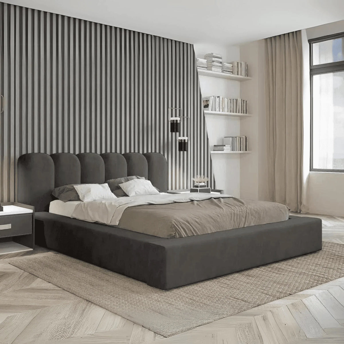 Elia Luxury Ambassador Bed – Upholstered Panel Bed with Ottoman Storage
