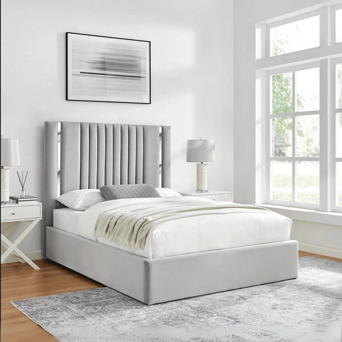 Monarch Titanium Silver Accents Upholstered Bed – Stylish Modern Bed Frame with Metallic Trim