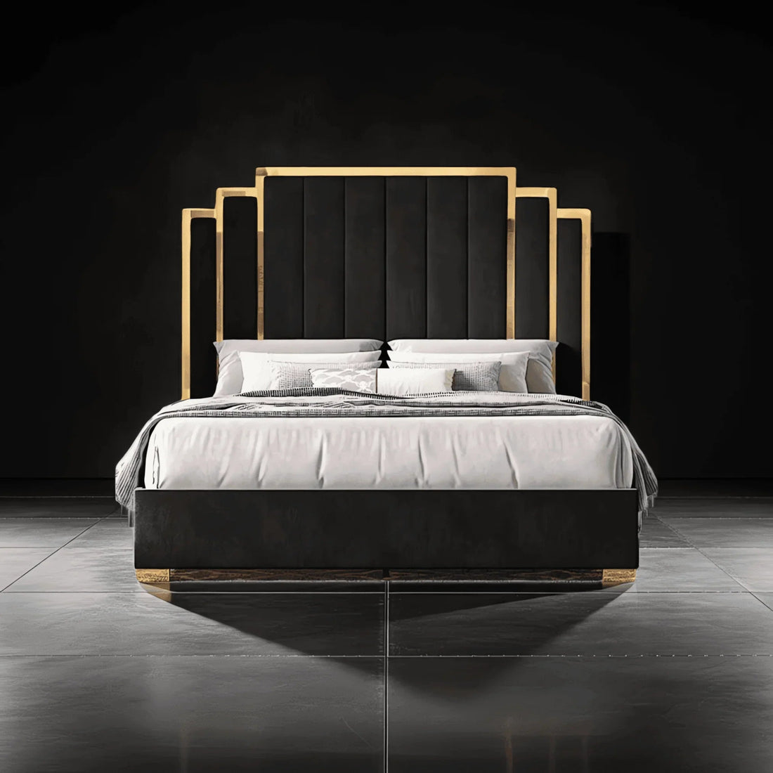 Sara Gold Panel Bed – Modern Upholstered Bed Frame with Gold Detailing