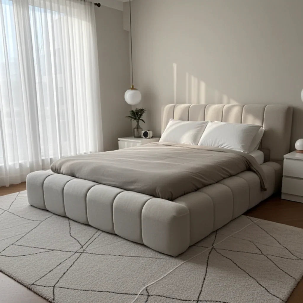 Sara Gold Panel Bed – Modern Upholstered Bed Frame with Gold Detailing