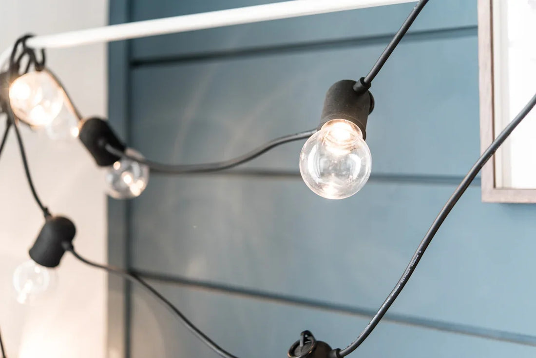 a close up of a string of lights on a wall