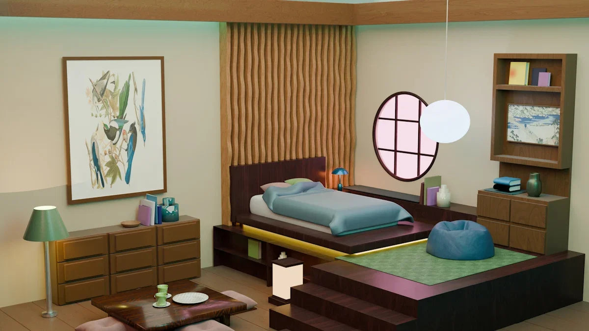 a bedroom with a bed, dresser, and table