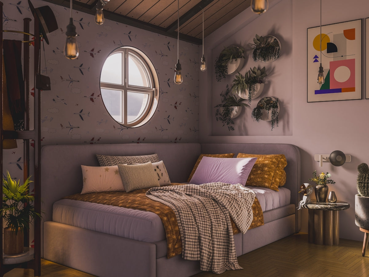 Cozy bedroom with bed, window, and hanging plants.