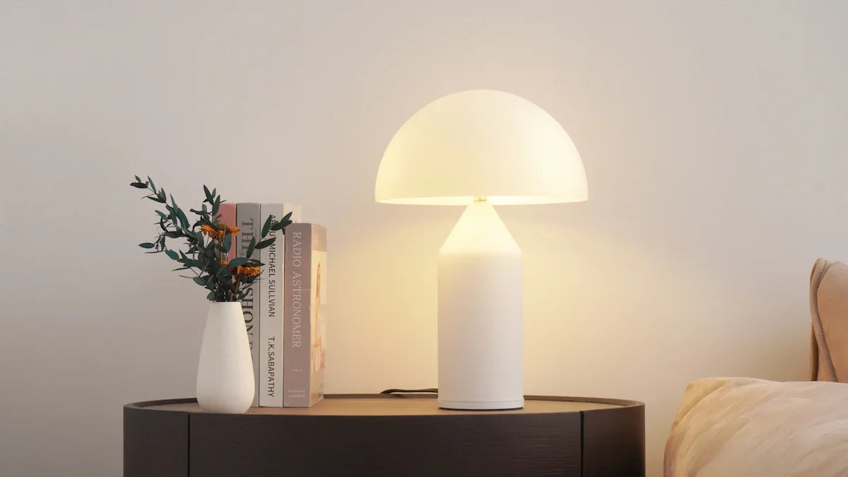 A glowing lamp sits next to a vase and books.