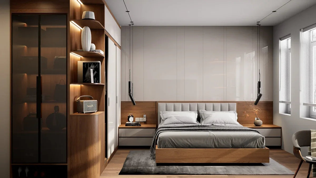 Modern bedroom with wooden accents and soft lighting.