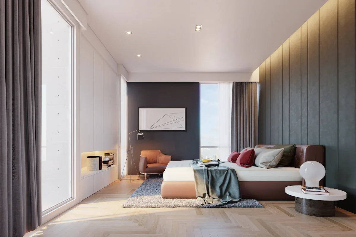 Modern bedroom with large windows and a comfortable bed.