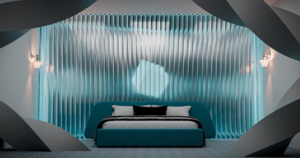 Modern bedroom with a teal bed and wavy wall