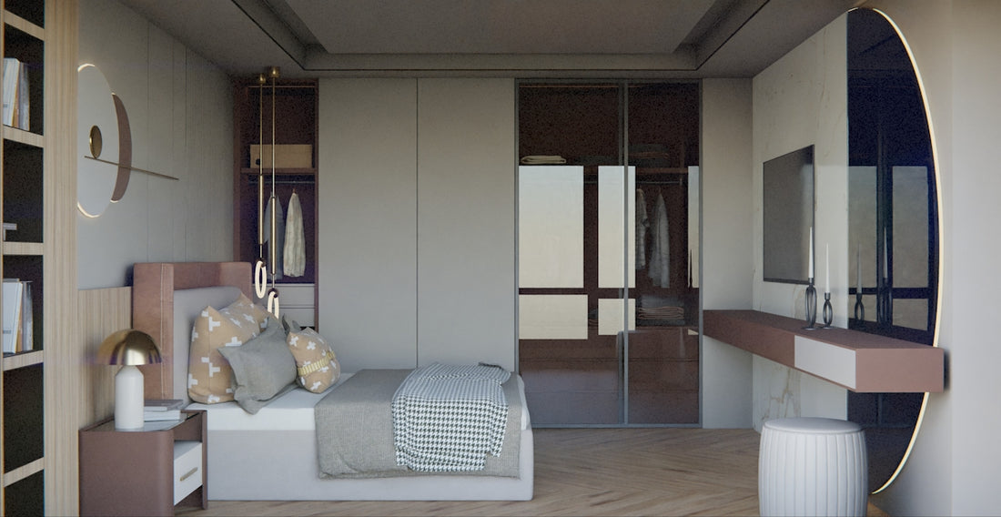 Modern bedroom with a bed, vanity, and closet.