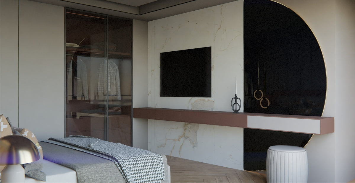 Modern bedroom with closet and wall-mounted television.