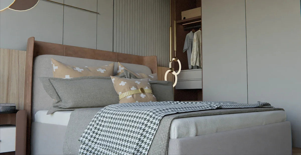 Modern bedroom with a neatly made bed and open closet.