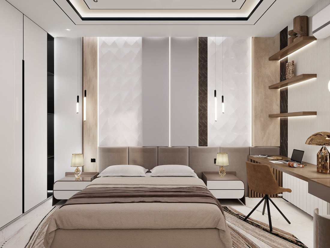 Modern bedroom with a large bed and desk.