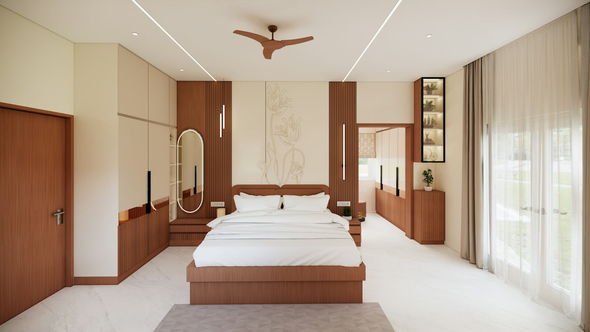 Modern bedroom with wooden accents and a large bed