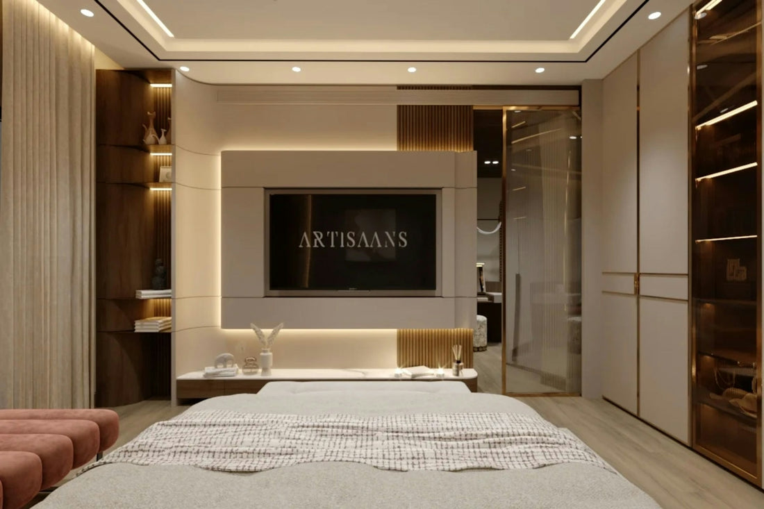 Elegant bedroom with a bed, wall-mounted tv, and built-in storage