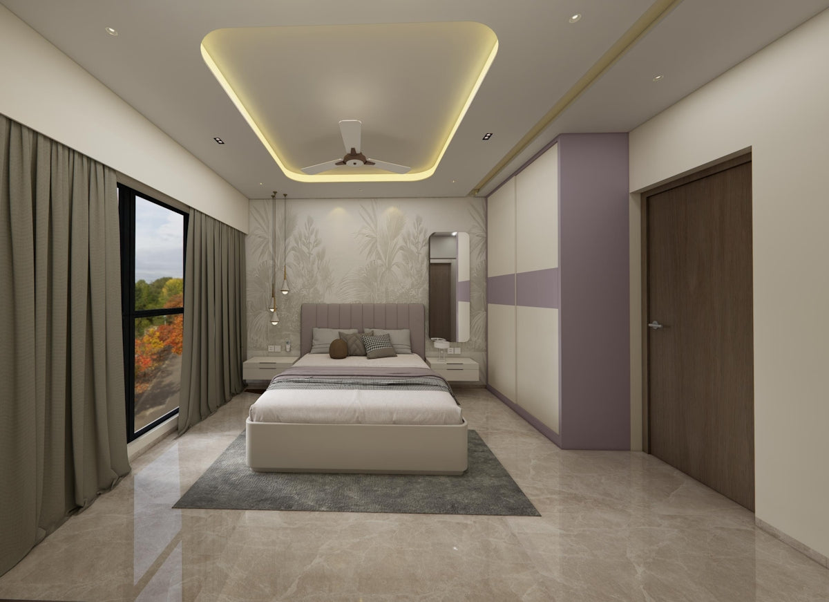Modern bedroom with bed, wardrobe, window, and stylish lighting.