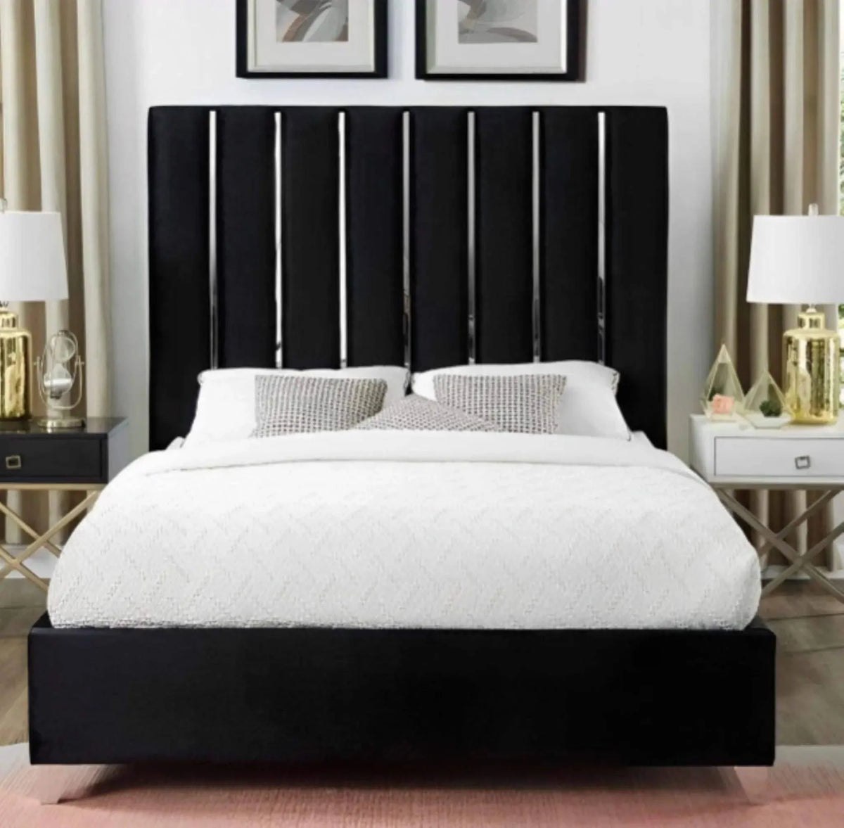 Empress Silver Chrome Trim Upholstered Bed – Luxury Modern Bed Frame with Metallic Accents