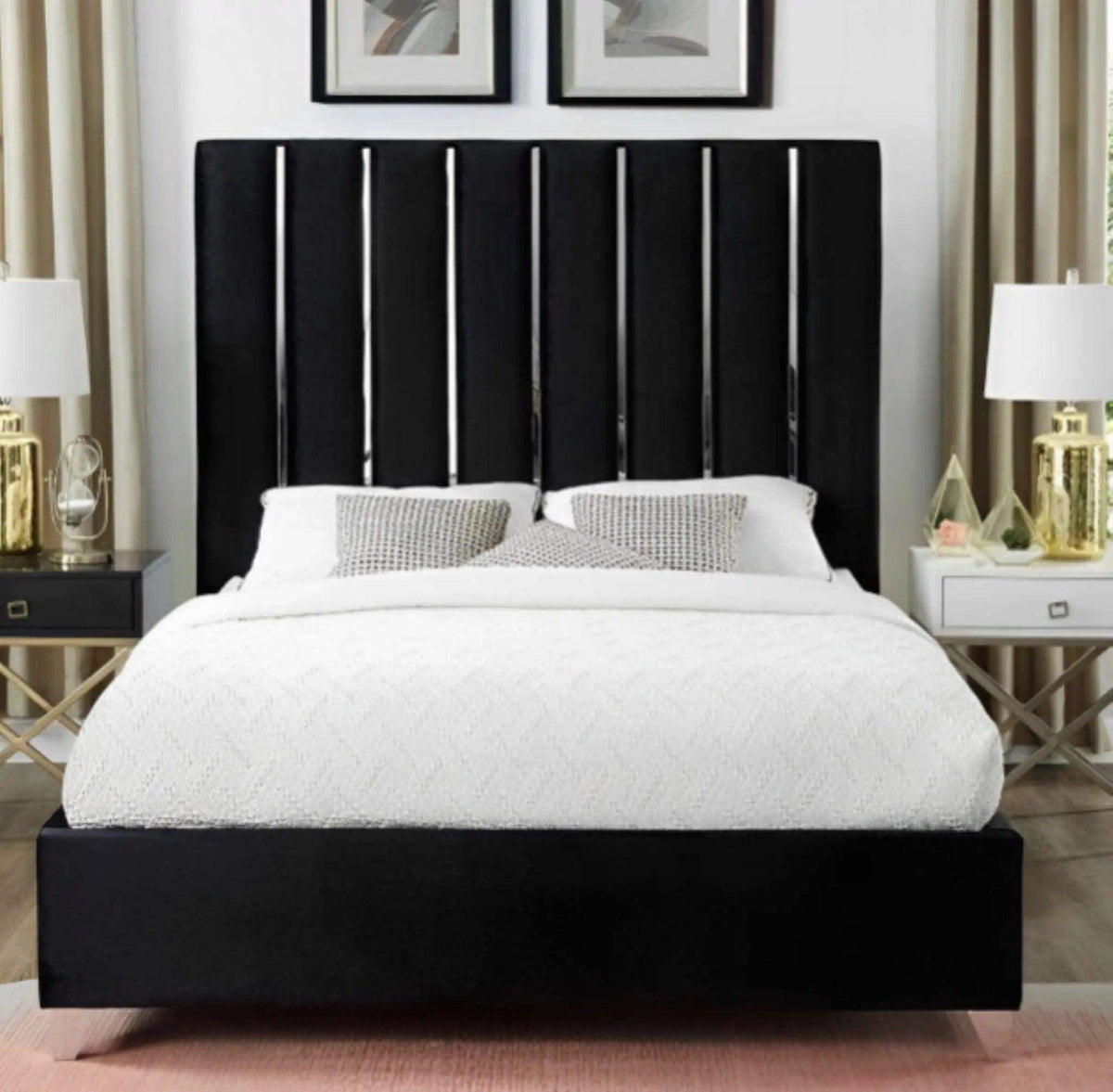 Empress Silver Chrome Trim Upholstered Bed – Luxury Modern Bed Frame with Metallic Accents