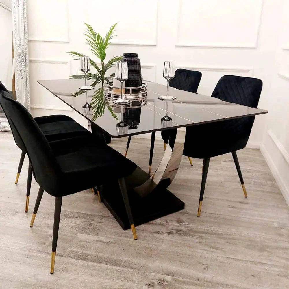 Venus 1.6 Chrome Dining Table with Black Sintered Stone Top With 4 Luna Velvet Dining Chairs