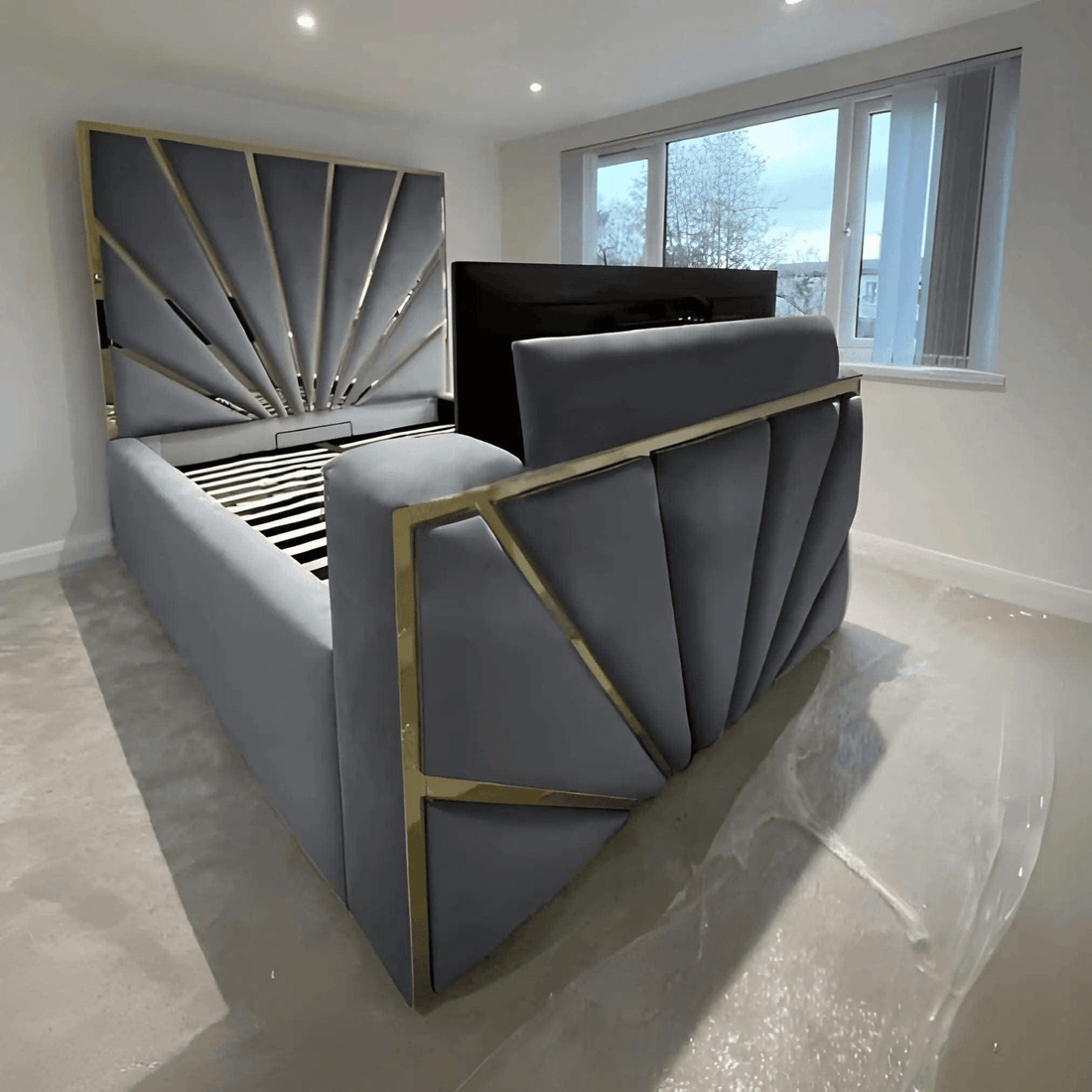 Sara Gold Panel Bed – Modern Upholstered Bed Frame with Gold Detailing