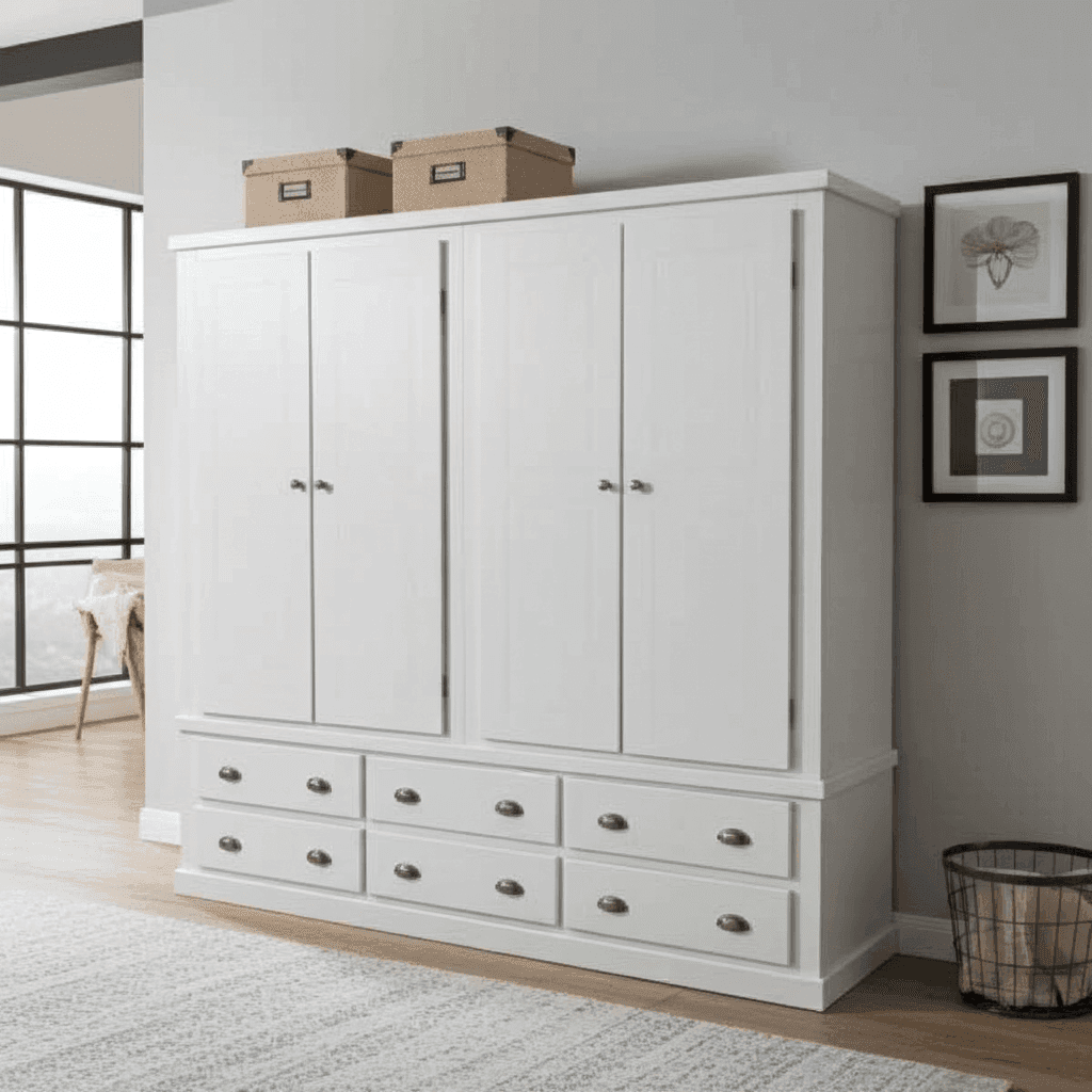 Pine Wooden Wardrobe 6 Drawers 4 Doors – Solid FSC-Certified Wood, Available in White, Grey & Dark Grey - UK Beds Direct ltd