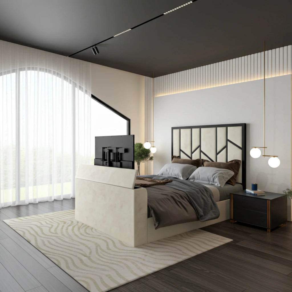Elora Panel-Lined Upholstered TV Bed Frame - Modern Fabric Bed | UK Beds Direct - UK Beds Direct ltd