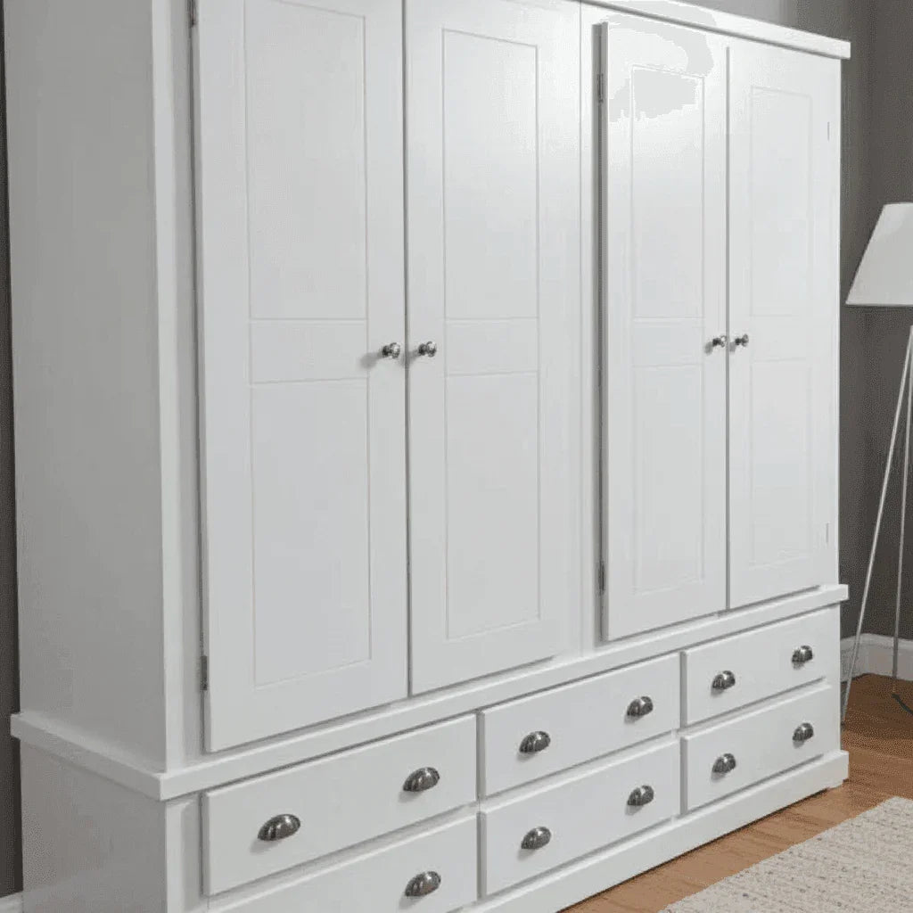 Pine Wooden Wardrobe 6 Drawers 4 Doors – Solid FSC-Certified Wood, Available in White, Grey & Dark Grey - UK Beds Direct ltd