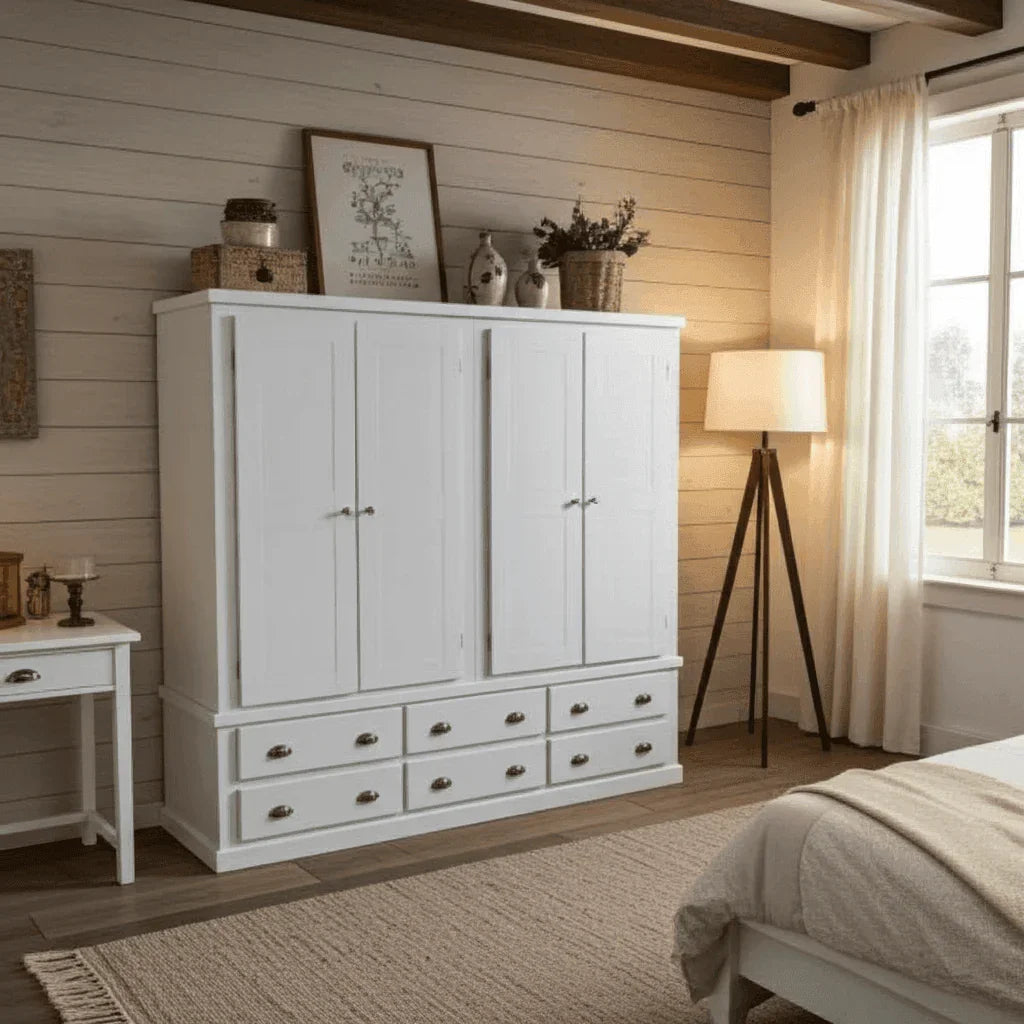 Pine Wooden Wardrobe 6 Drawers 4 Doors – Solid FSC-Certified Wood, Available in White, Grey & Dark Grey - UK Beds Direct ltd