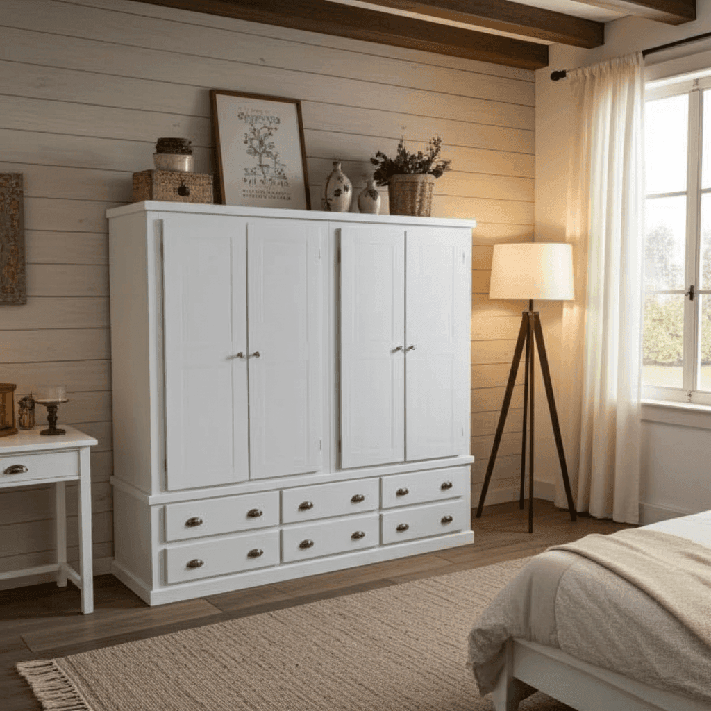 Pine Wooden Wardrobe 6 Drawers 4 Doors – Solid FSC-Certified Wood, Available in White, Grey & Dark Grey - UK Beds Direct ltd