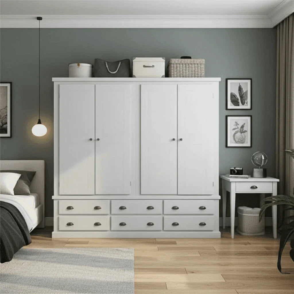 Pine Wooden Wardrobe 6 Drawers 4 Doors – Solid FSC-Certified Wood, Available in White, Grey & Dark Grey - UK Beds Direct ltd