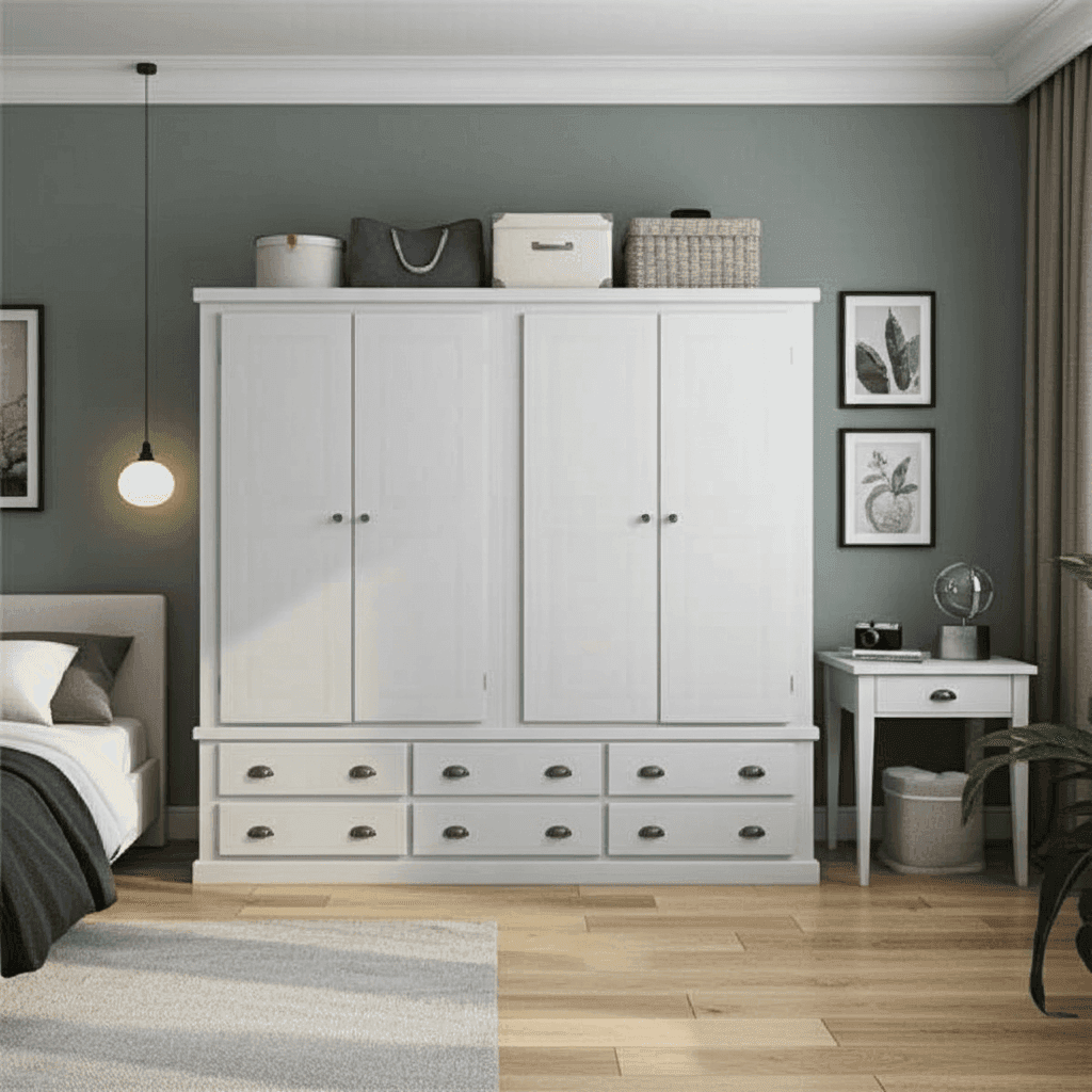 Pine Wooden Wardrobe 6 Drawers 4 Doors – Solid FSC-Certified Wood, Available in White, Grey & Dark Grey - UK Beds Direct ltd
