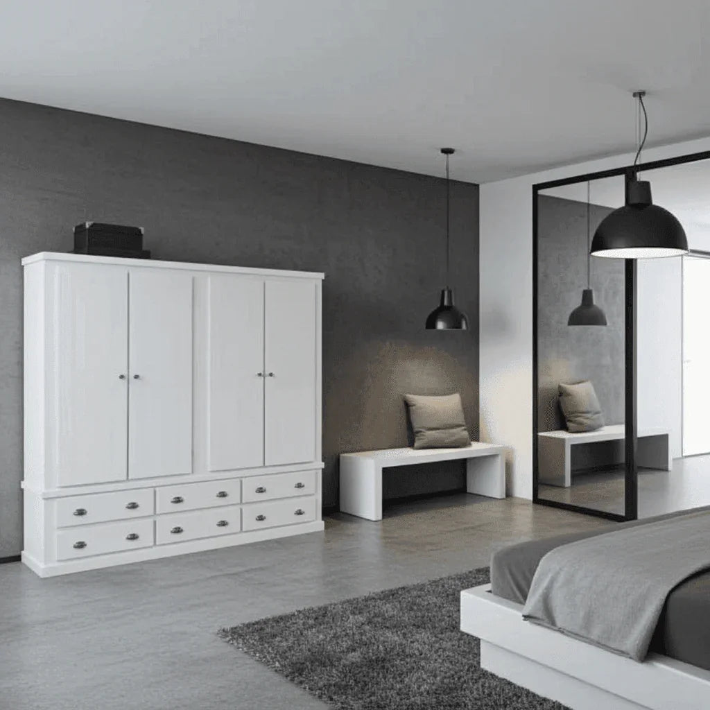 Pine Wooden Wardrobe 6 Drawers 4 Doors – Solid FSC-Certified Wood, Available in White, Grey & Dark Grey - UK Beds Direct ltd