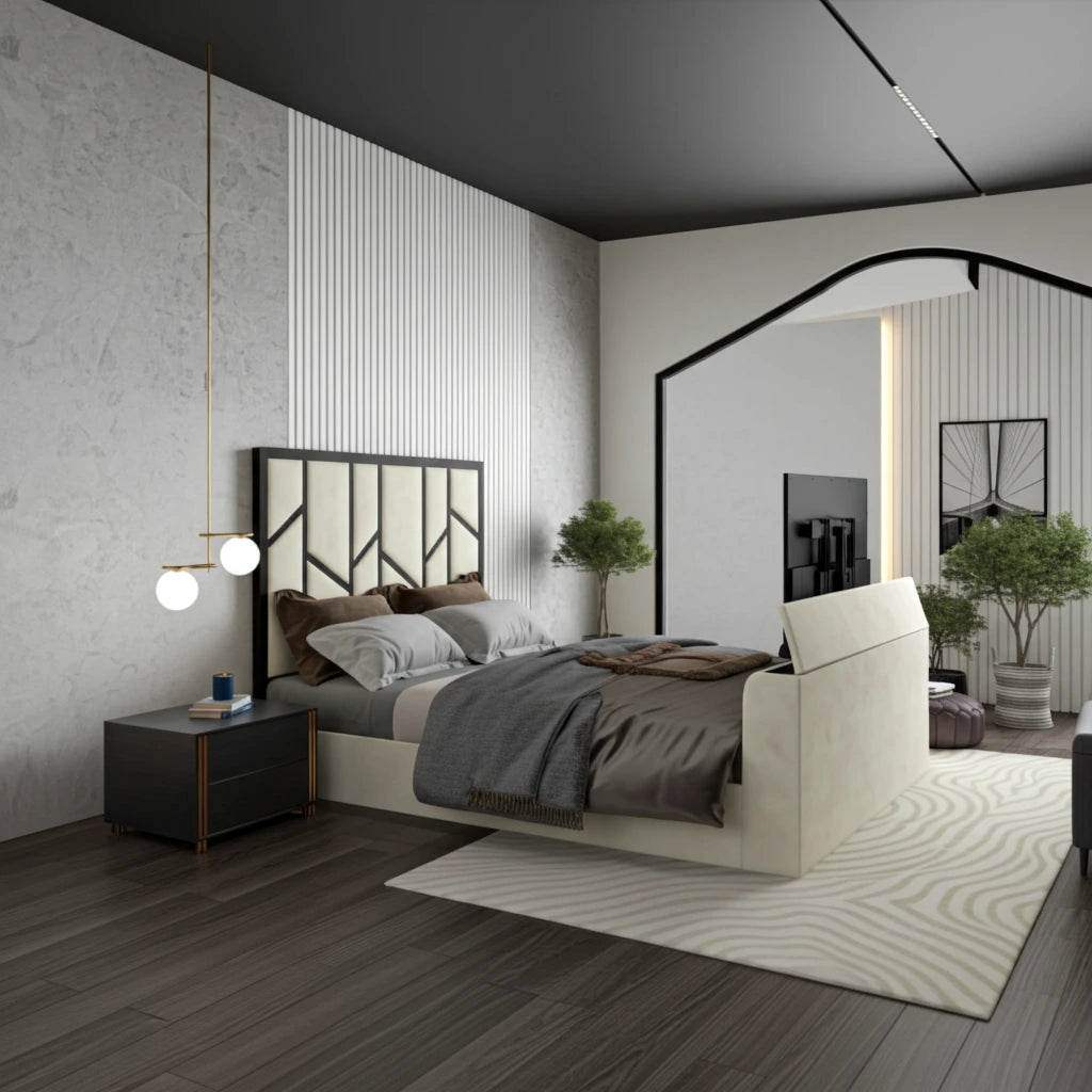 Elora Panel-Lined Upholstered TV Bed Frame - Modern Fabric Bed | UK Beds Direct - UK Beds Direct ltd