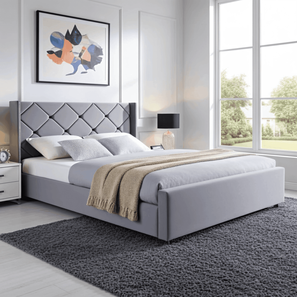 The Elvin Wingback Bed Frame – Studded Velvet Bed - UK Beds Direct ltd