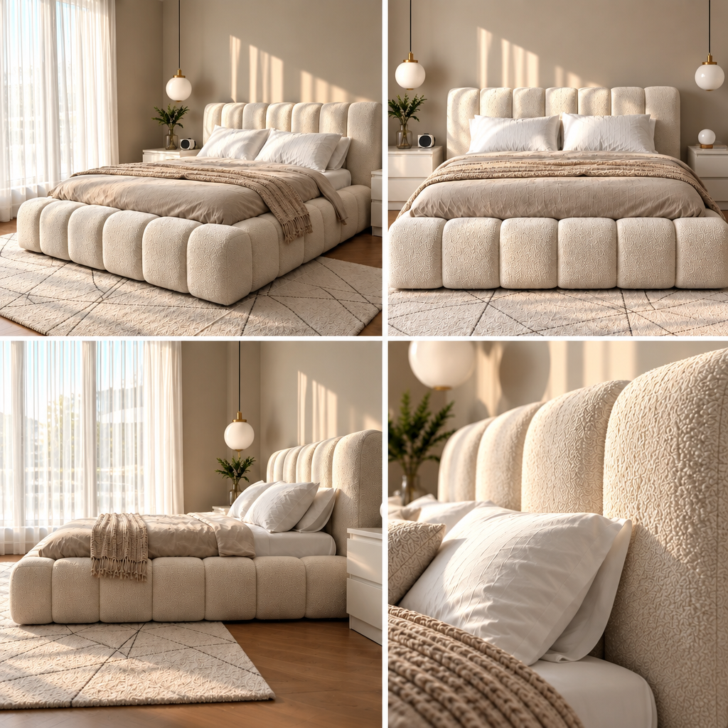 A four-panel collage showing a modern cloud bed in a warm neutral bedroom setting. The bed has a high tufted headboard and matching low platform footboard in a cream bouclé-like fabric, styled with white pillows, a beige throw blanket, and a light patterned rug.