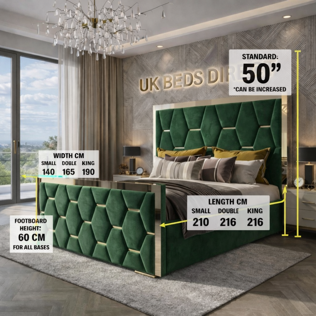 Green bed with dimensions displayed in a bedroom setting