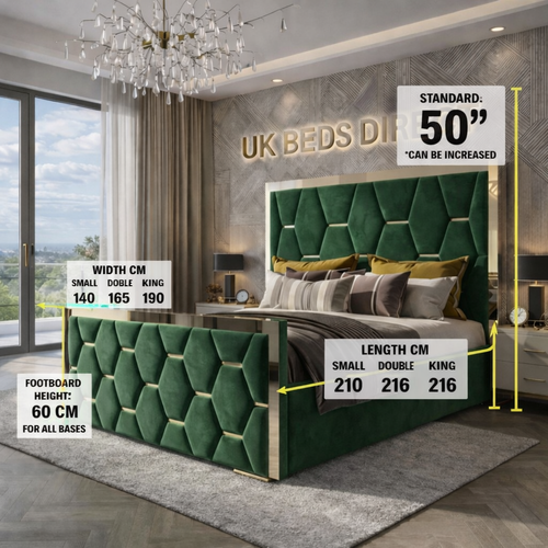 Green bed with dimensions displayed in a bedroom setting