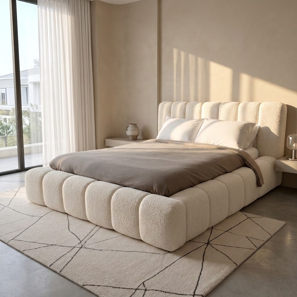 A modern platform bed with a chunky, segmented boucle headboard and footboard, dressed in neutral beige and brown bedding, set in a minimalist beige bedroom with a geometric rug.