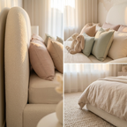 Collage of a cozy bedroom with beige bedding and pillows.