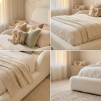 Collage of a cozy bedroom with beige and white bedding, pillows, and decor.