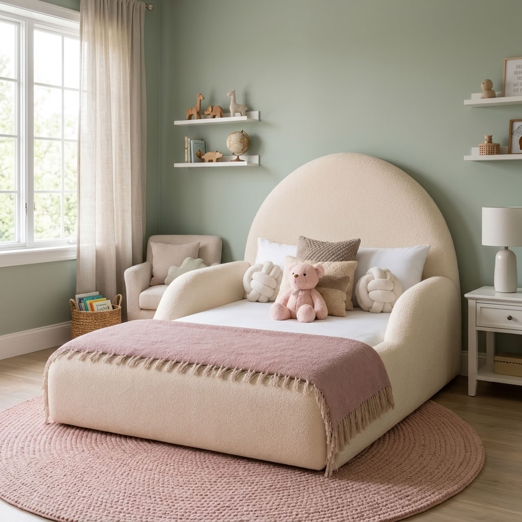 A cream-colored upholstered toddler bed with a large rounded headboard and matching footboard, styled in a soft nursery with a pink blanket, pillows, a teddy bear, and a woven rug.