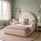 A cream-colored upholstered toddler bed with a large rounded headboard and matching footboard, styled in a soft nursery with a pink blanket, pillows, a teddy bear, and a woven rug.