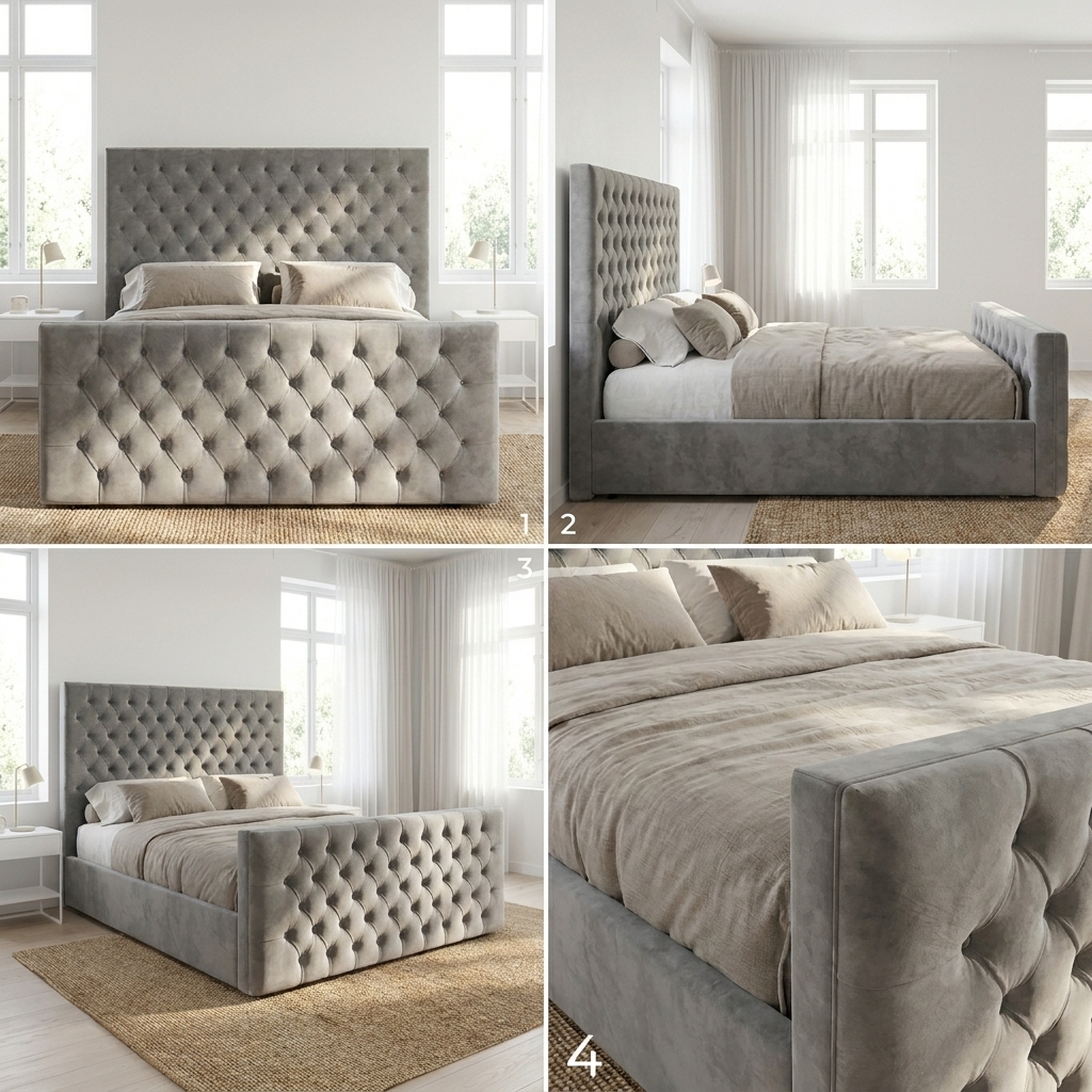 Gray tufted bed in a bedroom setting with large windows.