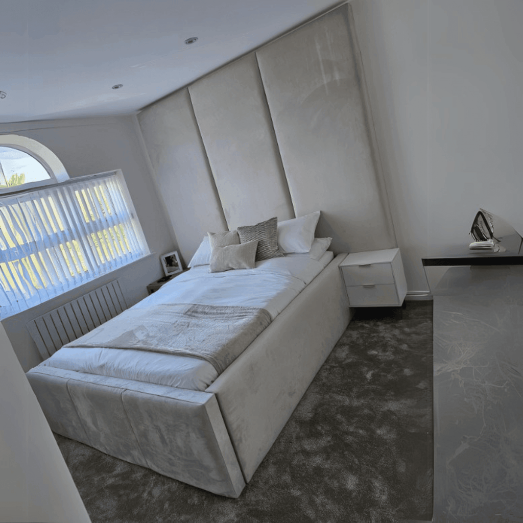 Bespoke Wall Panel Bed Frame with Luxurious Floor-to-Ceiling Headboard – Upholstered Elegance~ UkBedsDirect - UK Beds Direct ltd