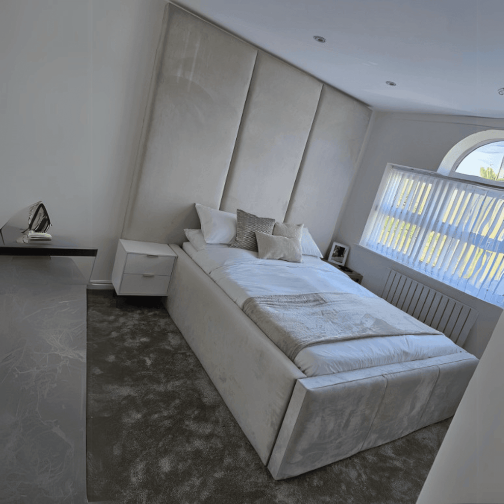 Bespoke Wall Panel Bed Frame with Luxurious Floor-to-Ceiling Headboard – Upholstered Elegance~ UkBedsDirect - UK Beds Direct ltd