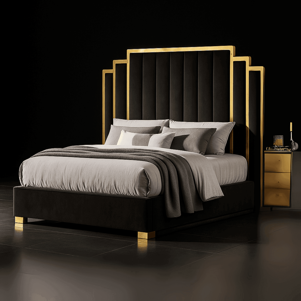 Sara Gold Panel Bed – Modern Upholstered Bed Frame with Gold Detailing - UK Beds Direct ltd