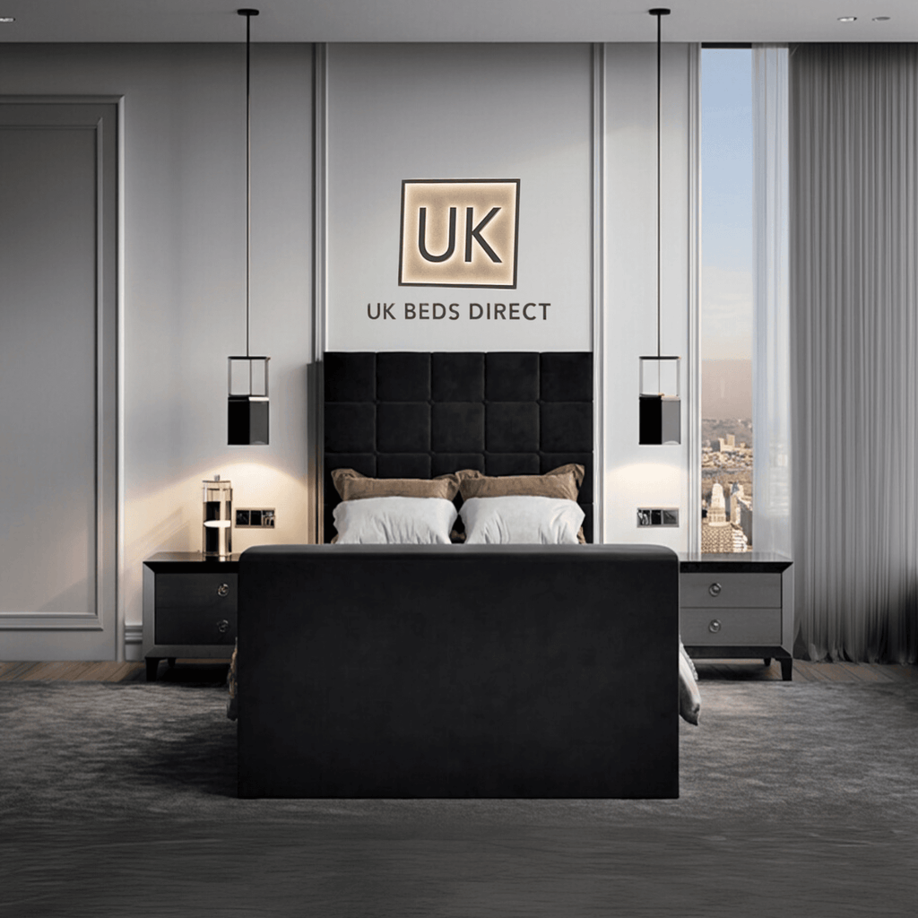 Modern bedroom featuring a upholstered TV bed with cube-stitched headboard and UK Beds Direct logo on the wall