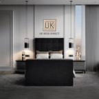 Modern bedroom featuring a upholstered TV bed with cube-stitched headboard and UK Beds Direct logo on the wall