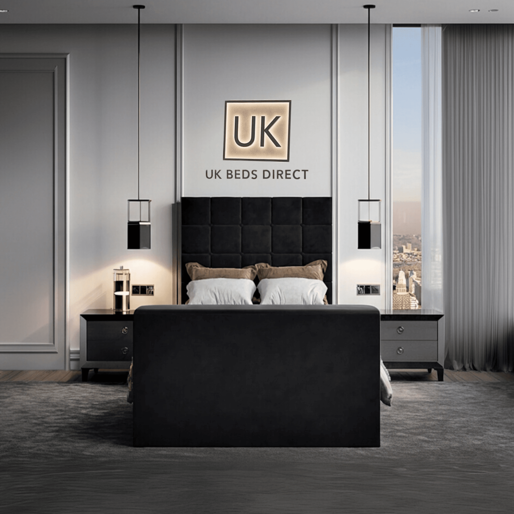 Modern bedroom featuring a upholstered TV bed with cube-stitched headboard and UK Beds Direct logo on the wall