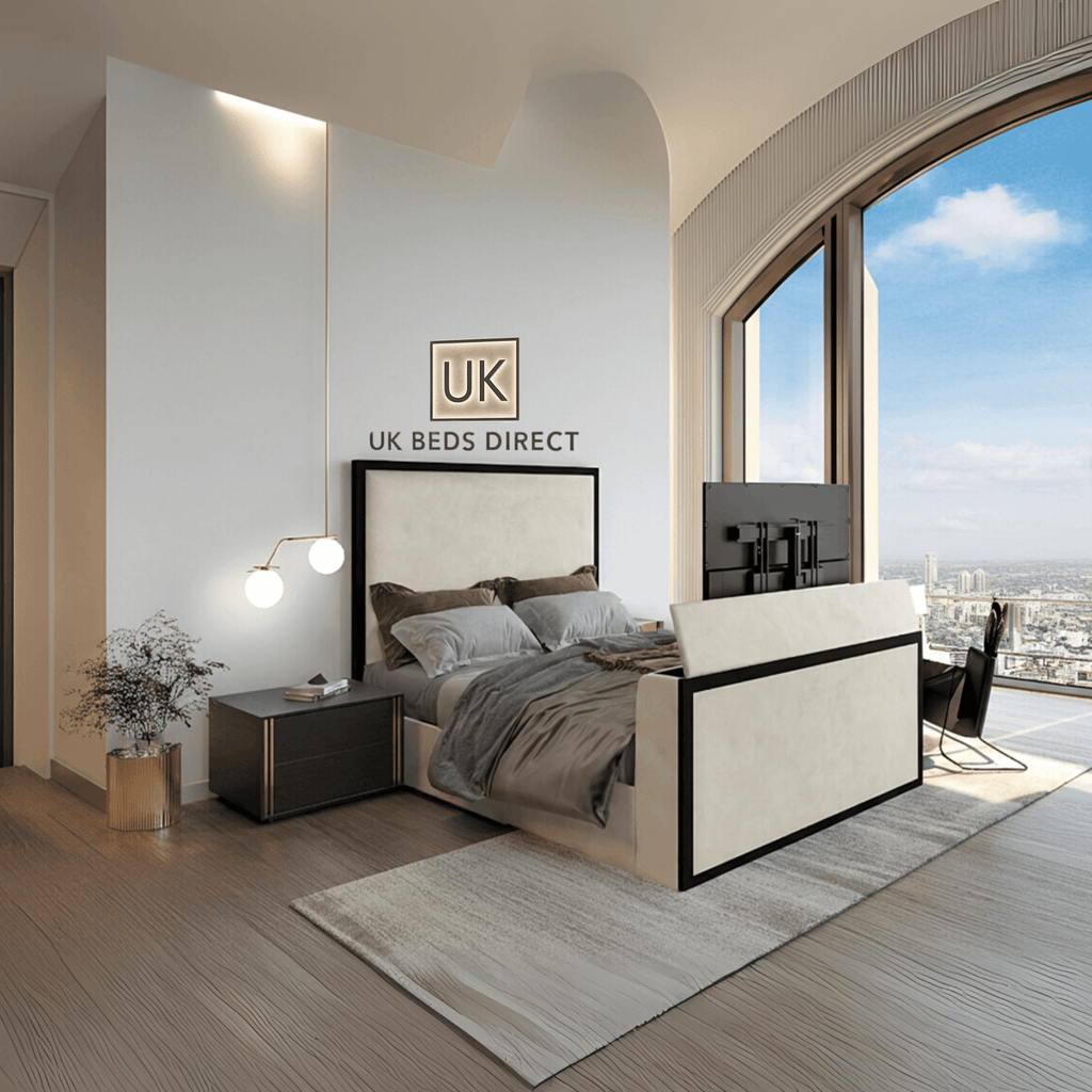 Skyline TV Bed with remote control lift, metal frame, and modern geometric design in a stylish bedroom setting