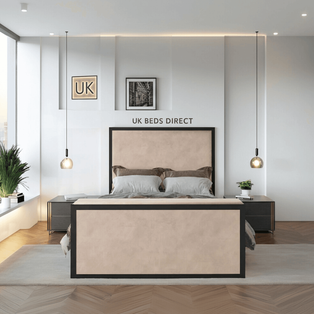 Skyline TV Bed with remote control lift, metal frame, and modern geometric design in a stylish bedroom setting